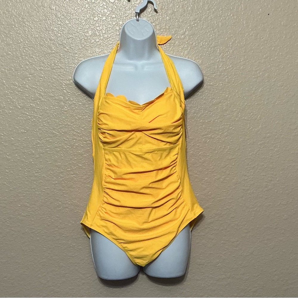 Eomenie Yellow Halter Ruched One-Piece Swimsuit